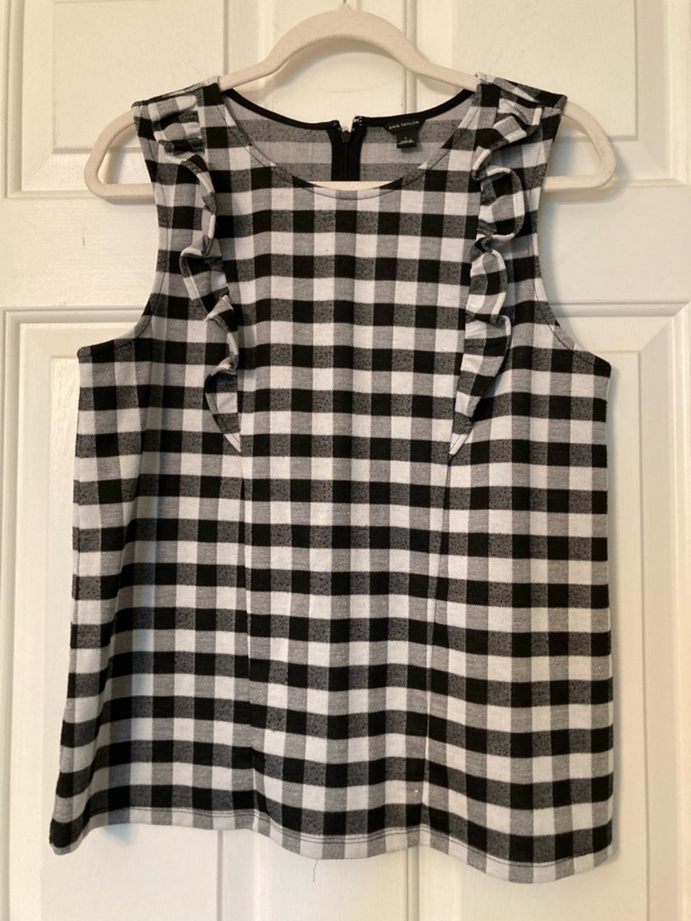 Ann Taylor Black & White Gingham Ruffle-Trim Top